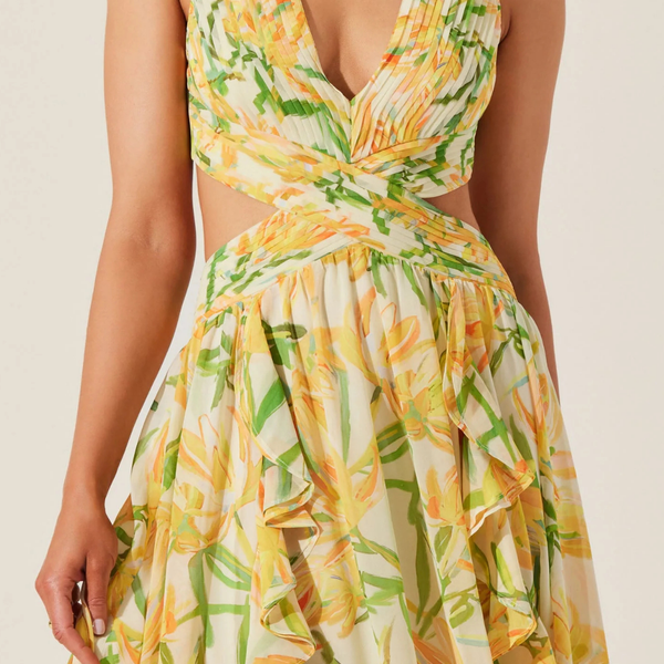 astr noya floral maxi dress Noya Print Maxi Dress Yellow Green Floral / L