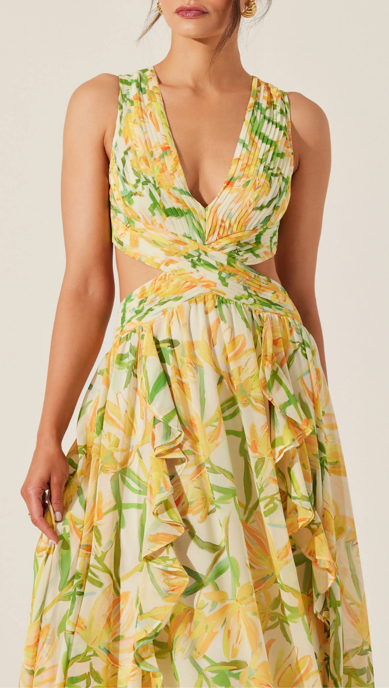 Noya Print Maxi Dress Yellow Green Floral / L Noya Print Maxi Dress Yellow Green Floral / L