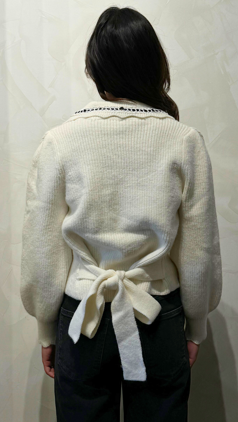 Chloe Lace Point Collared Back Tie Knit Sweater  - White