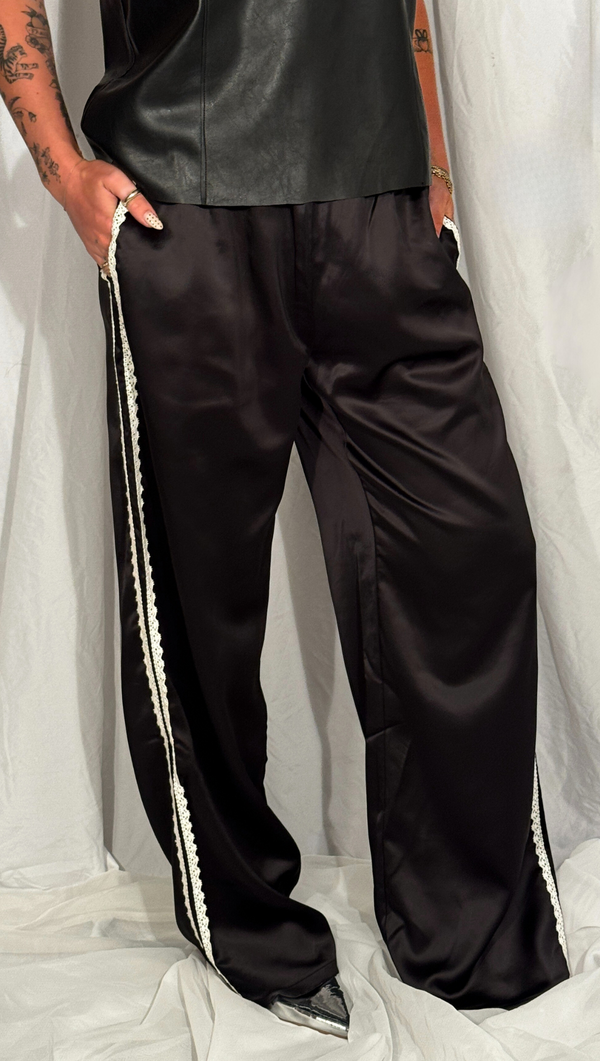Bella Lace Trim Satin Pants - Black