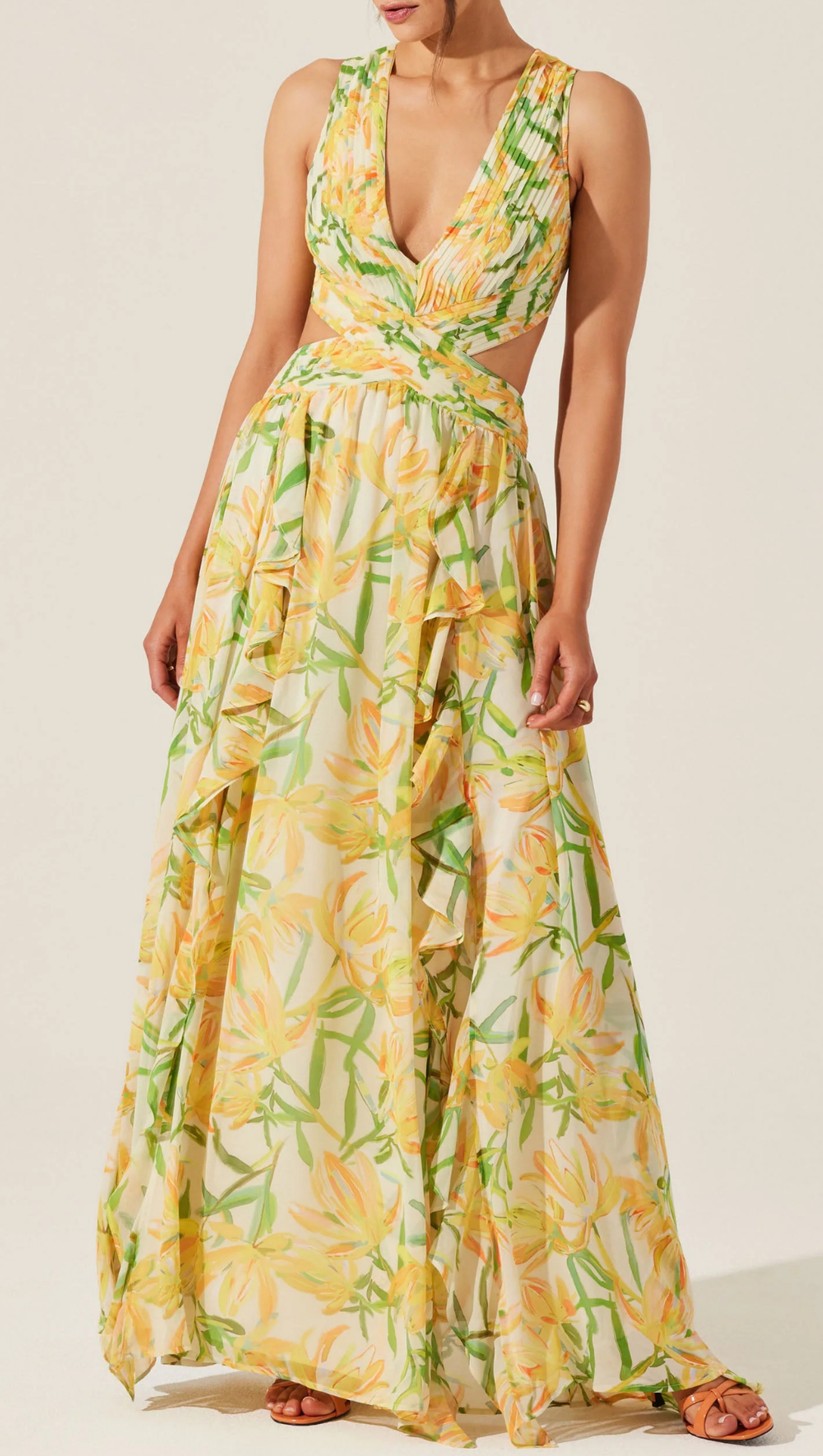 Noya Print Maxi Dress Yellow Green Floral / L Noya Print Maxi Dress Yellow Green Floral / L