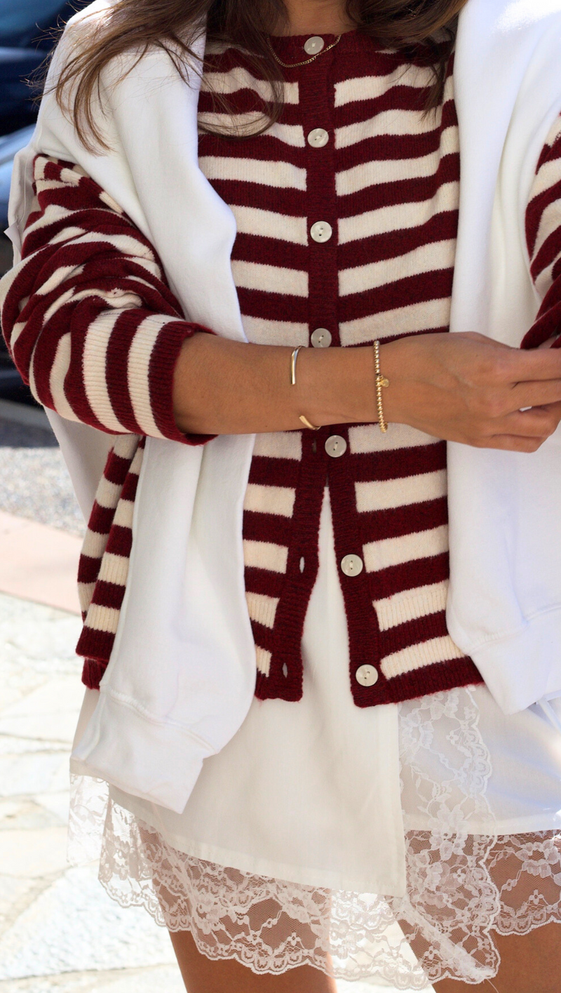 Mabel Striped Button Up Cardigan - Crimson/Cream