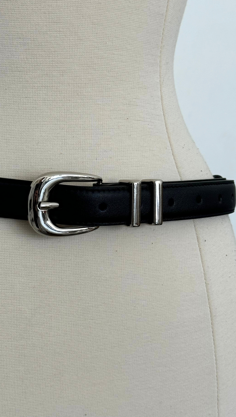 Chunky Metal Leather Belt - Black/ Silver