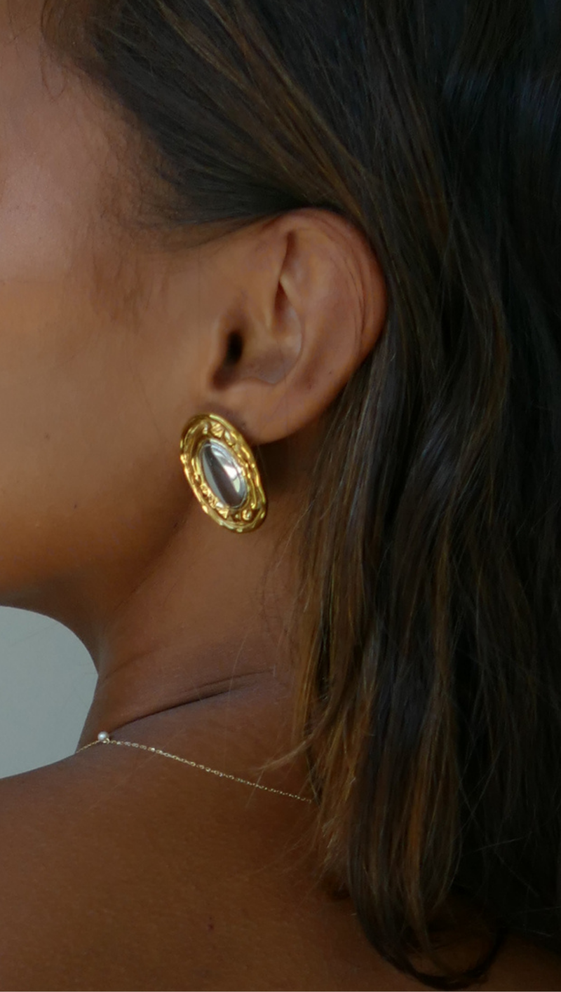 Textured Two Tone Oval Earrings - Stainless Steel