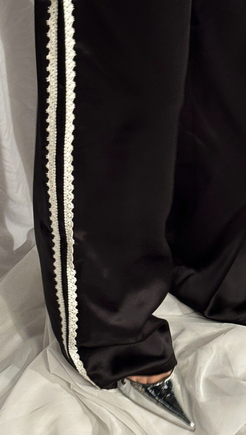 Bella Lace Trim Satin Pants - Black