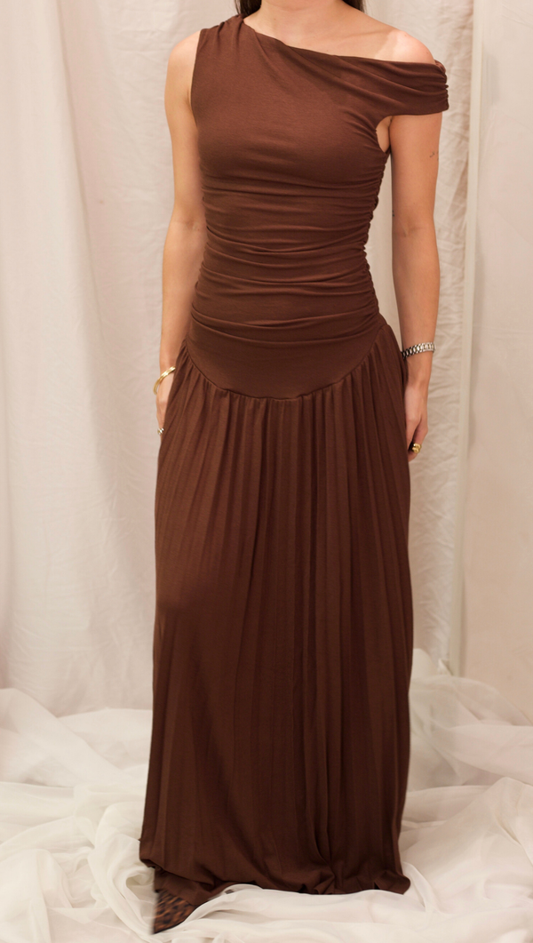 Iris One Shoulder Dress - Chocolate Brown