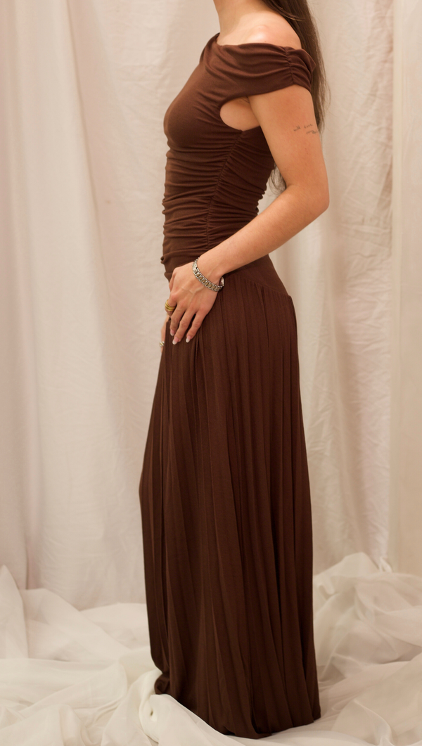 Iris One Shoulder Dress - Chocolate Brown