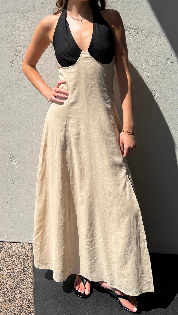 Cora Color Block Linen Maxi Dress - Black/Beige