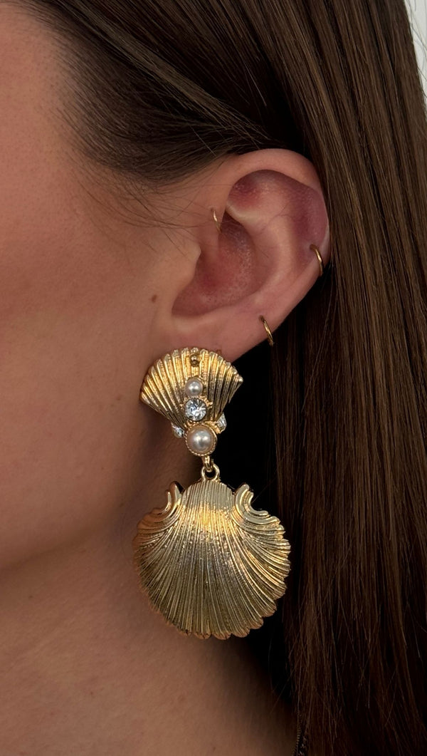 Double Shell Pearl Dandle Earring - Gold