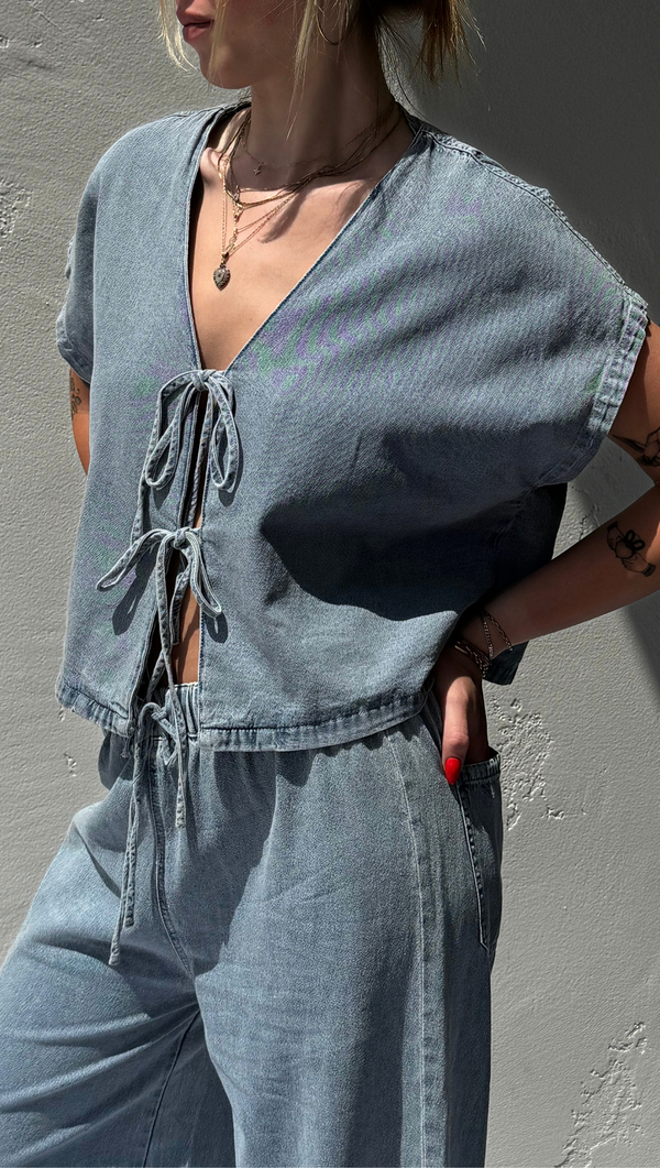 Tani Tie Front Top - Denim