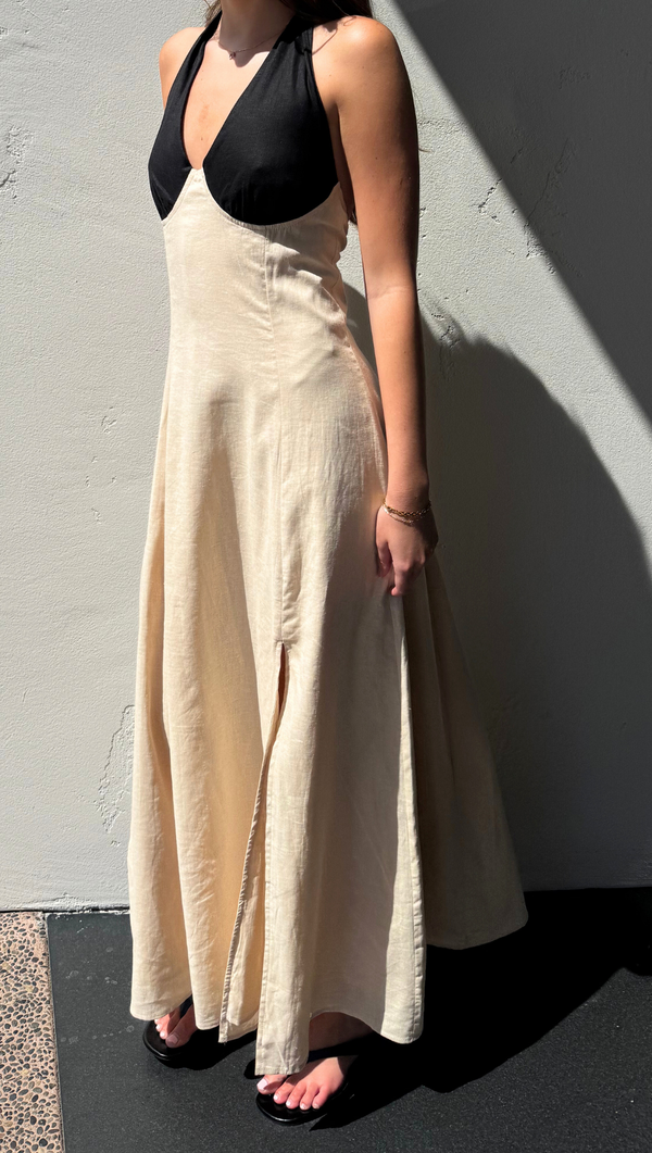 Cora Color Block Linen Maxi Dress - Black/Beige