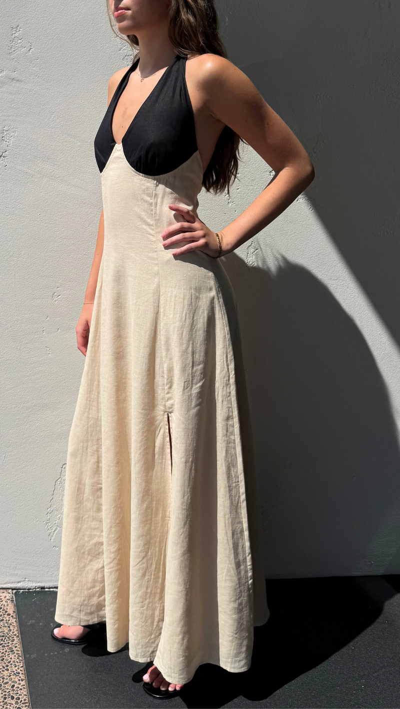 Cora Color Block Linen Maxi Dress - Black/Beige