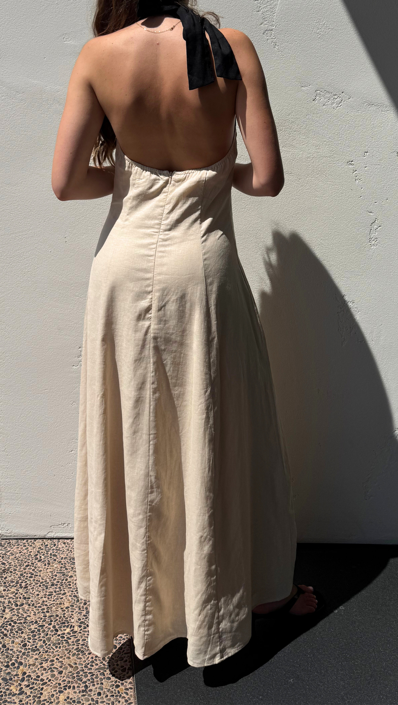 Cora Color Block Linen Maxi Dress - Black/Beige