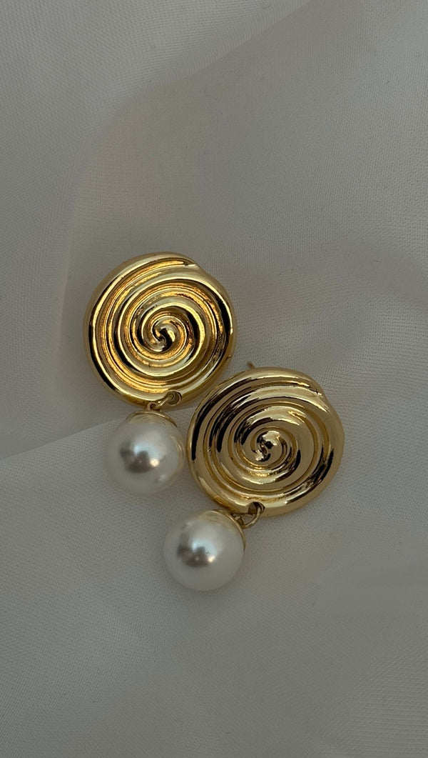 Swirl & Pearl Drop Earrings - Gold
