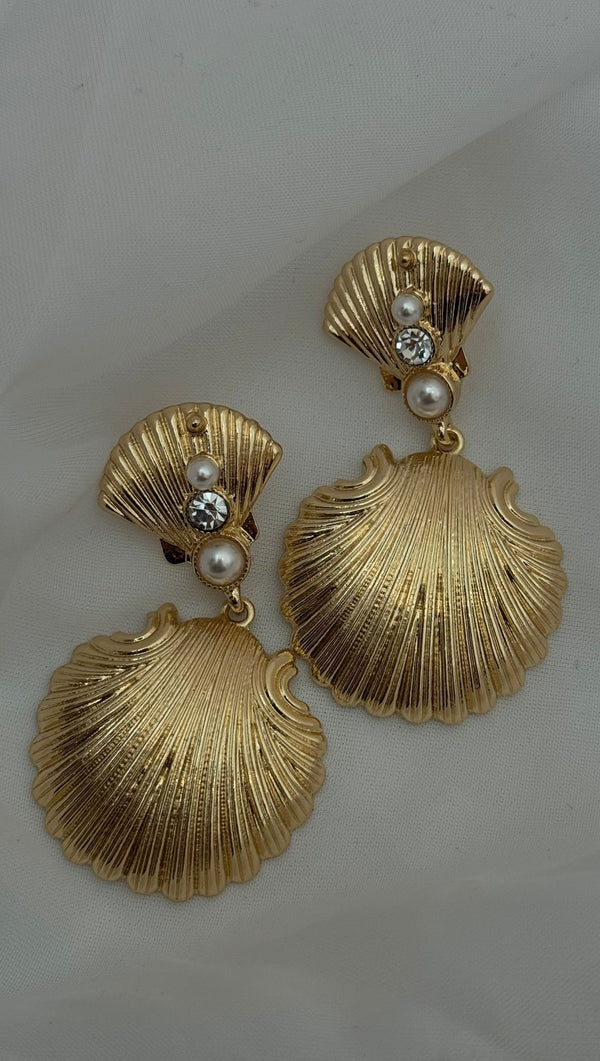 Double Shell Pearl Dandle Earring - Gold