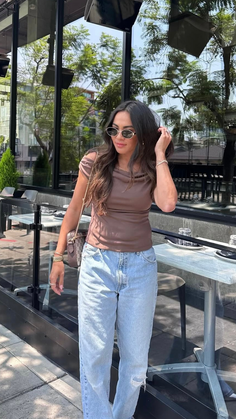 Heather Off Shoulder Tank - Mocha
