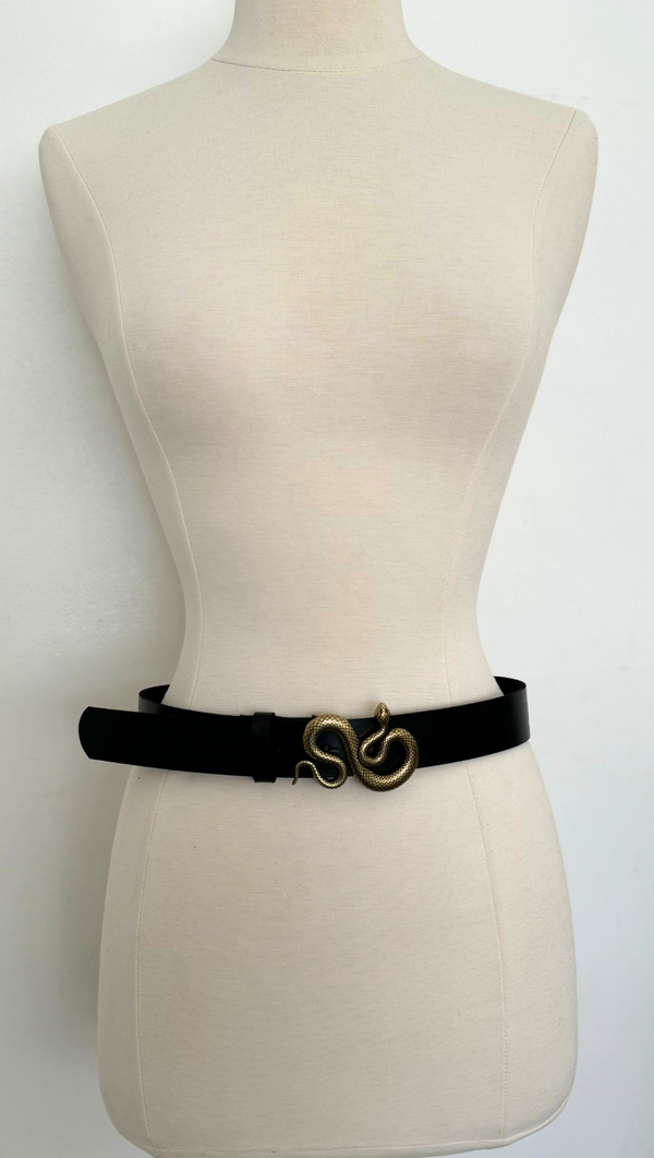 Snake Buckle Leather Belt - Black