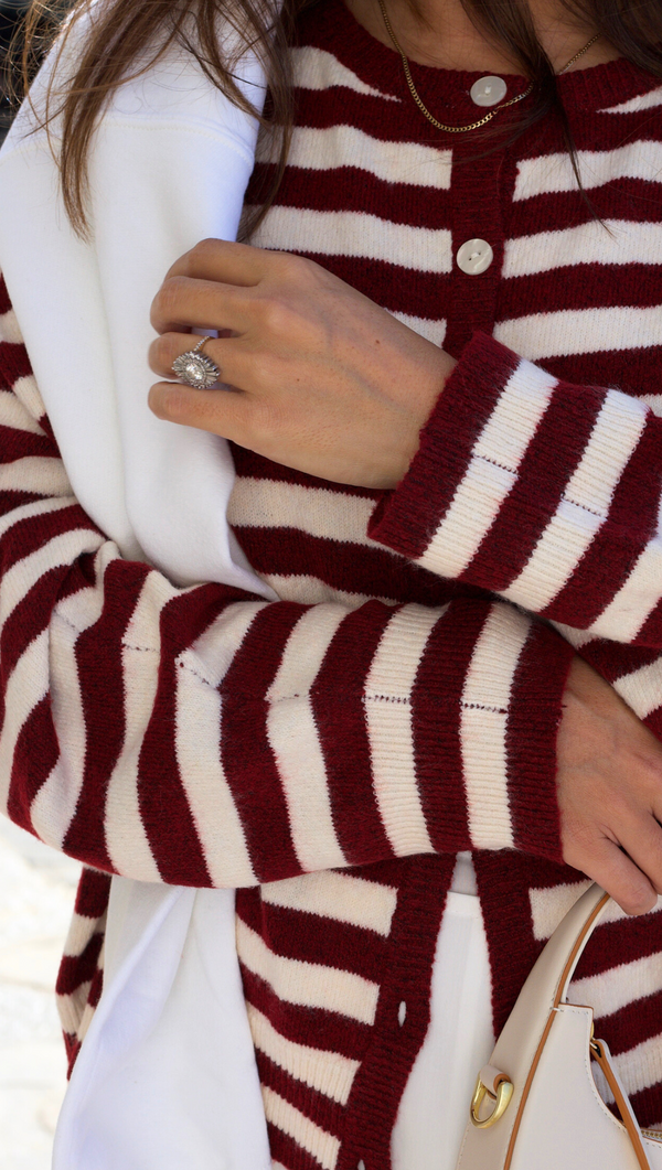 Mabel Striped Button Up Cardigan - Crimson/Cream