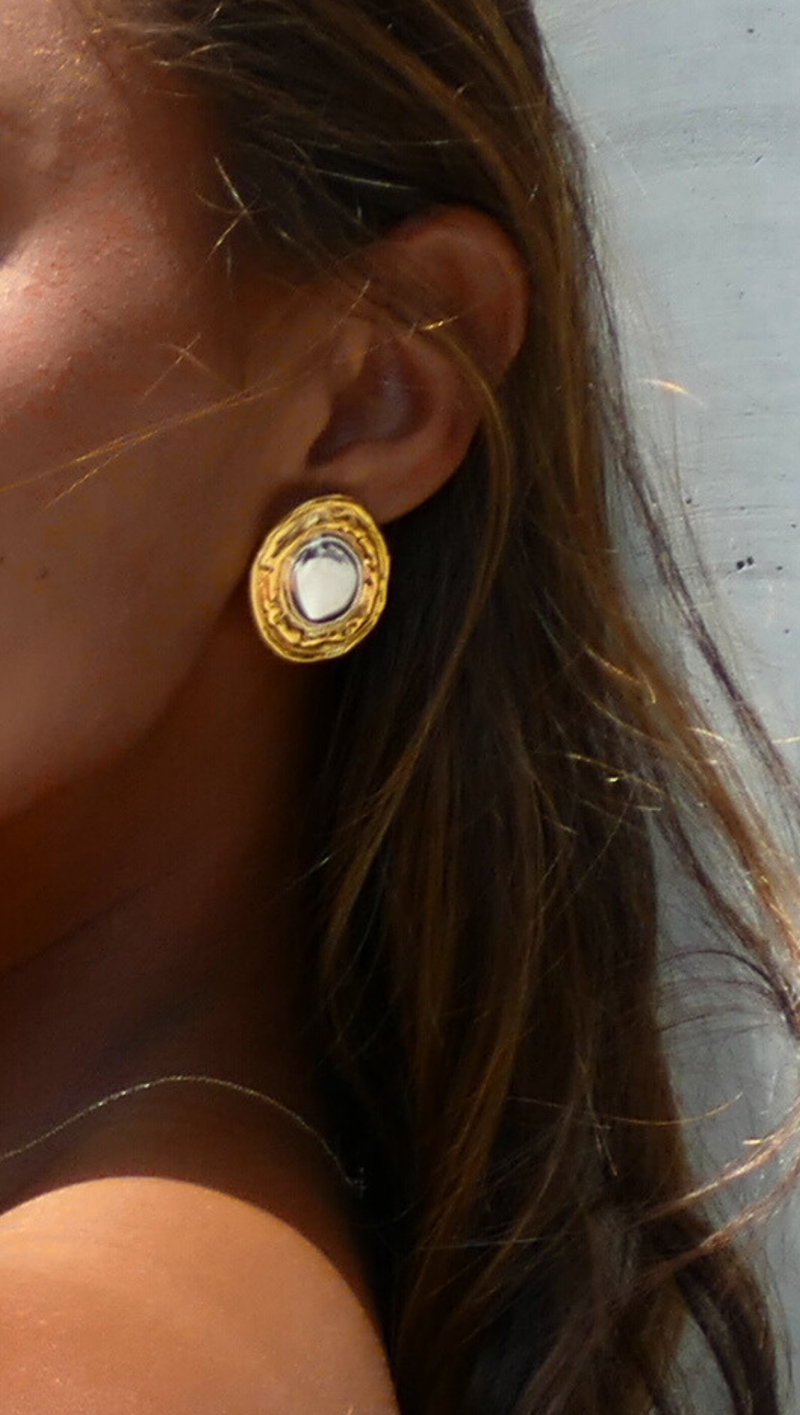 Textured Two Tone Oval Earrings - Stainless Steel