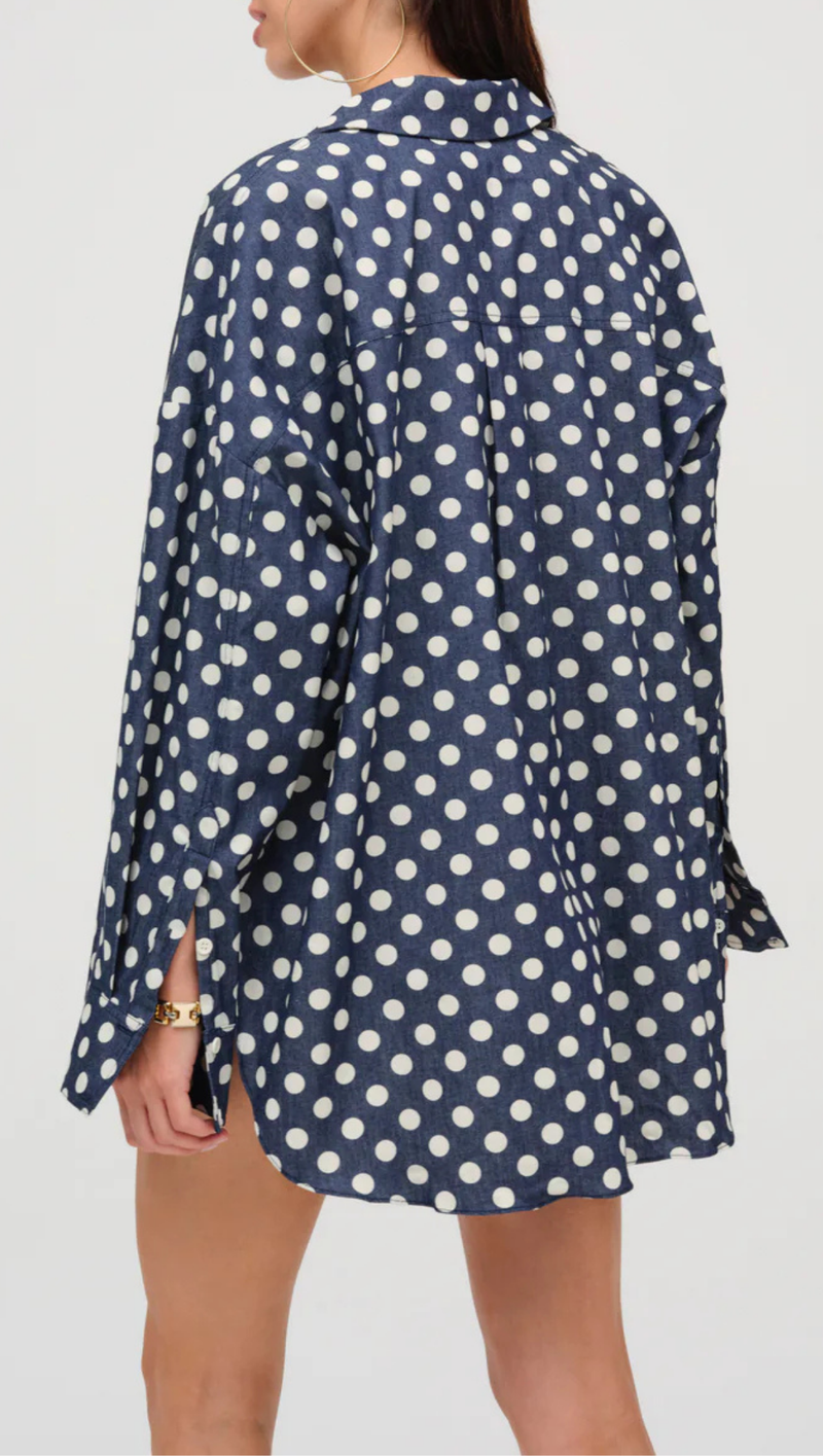 Dolly Dot Denim Button-Down Top - Indigo Blue