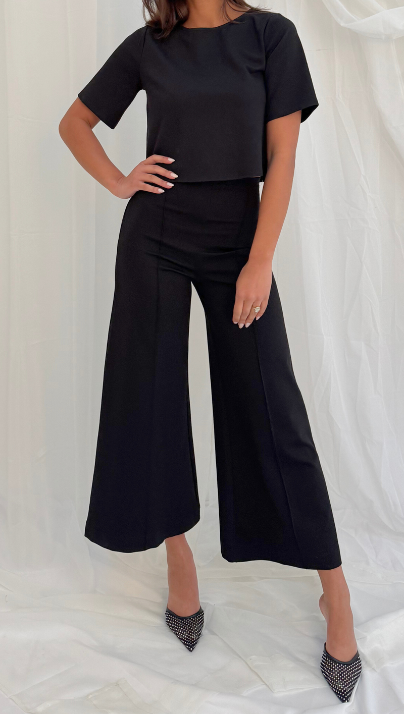 Ponte Knit Wide Leg Pant Cropped - Black