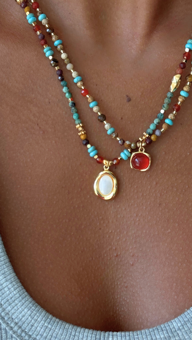 Beaded Layering Necklace - Red Agate Stone