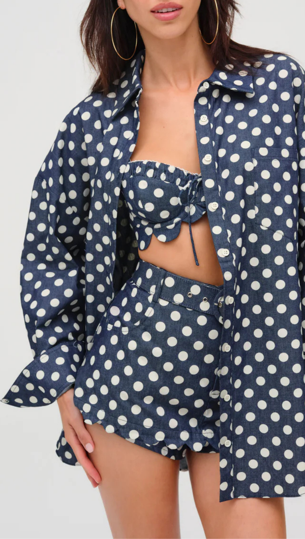Dolly Dot Denim Button-Down Top - Indigo Blue