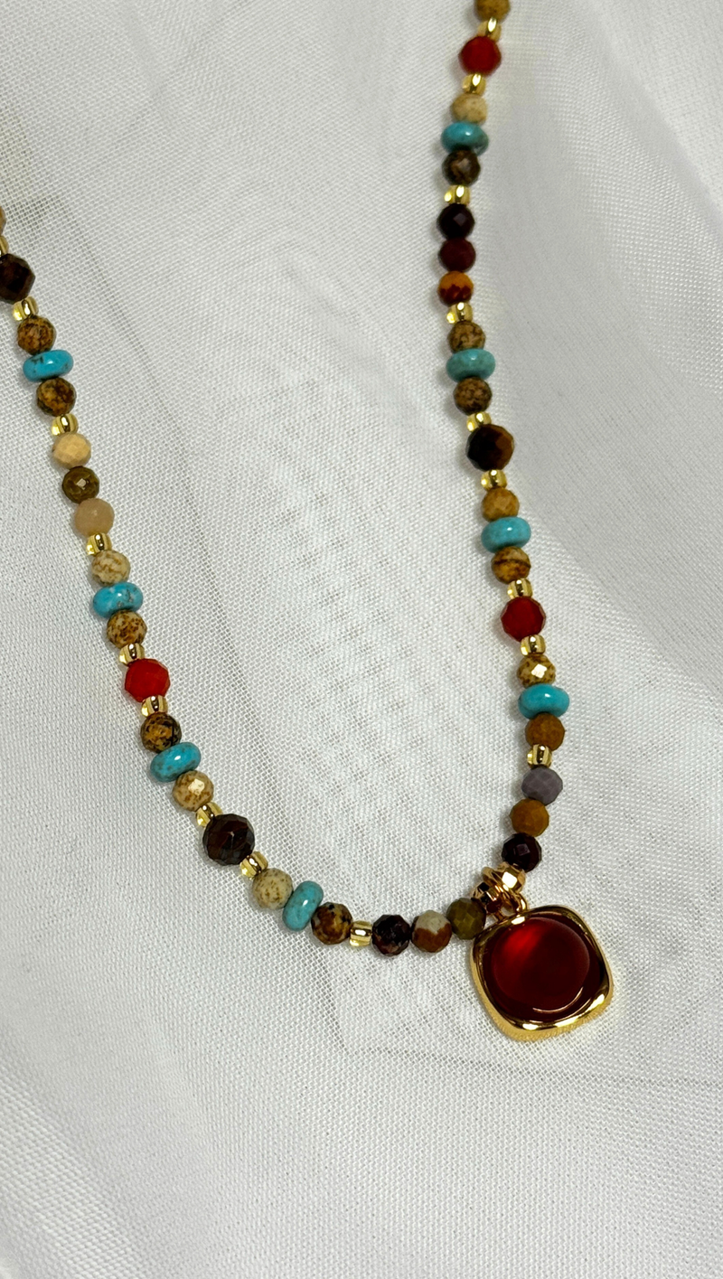 Beaded Layering Necklace - Red Agate Stone