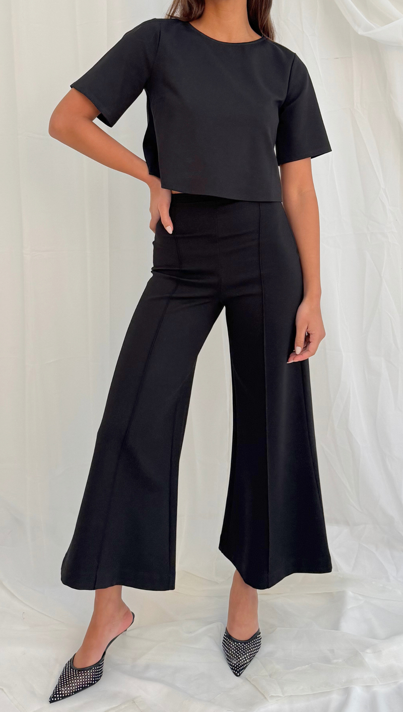 Ponte Knit Wide Leg Pant Cropped - Black