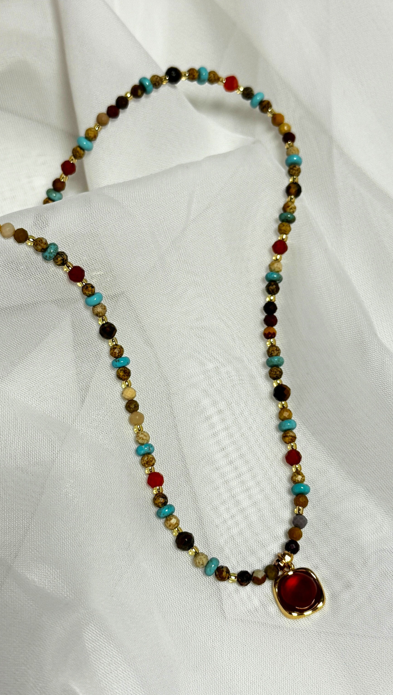 Beaded Layering Necklace - Red Agate Stone