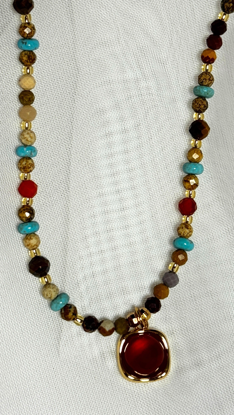 Beaded Layering Necklace - Red Agate Stone