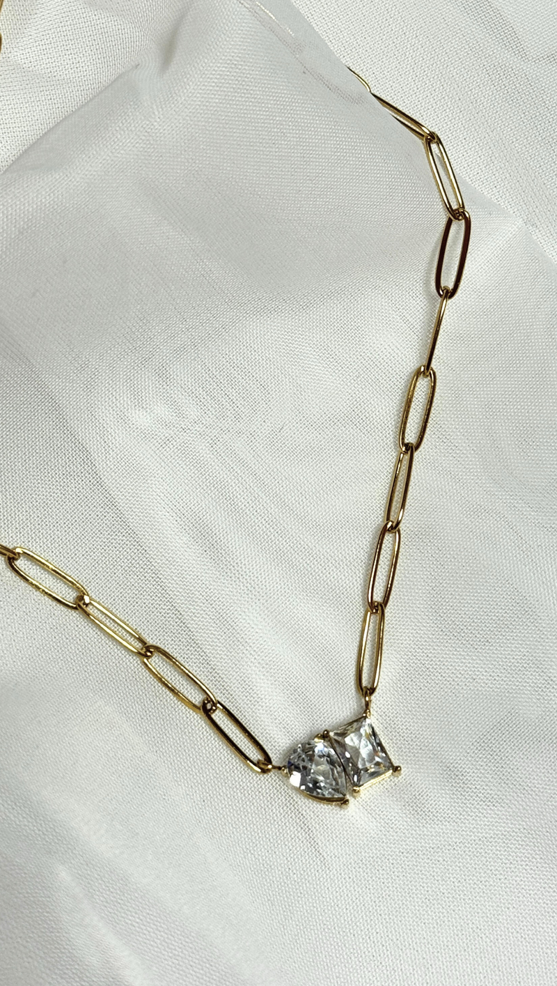 Double Stone Paperclip Necklace -18K Gold