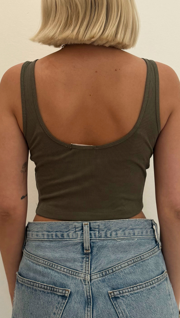 Low Back Cropped Scoop Tank - Olive