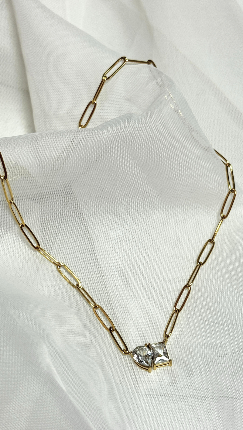 Double Stone Paperclip Necklace -18K Gold
