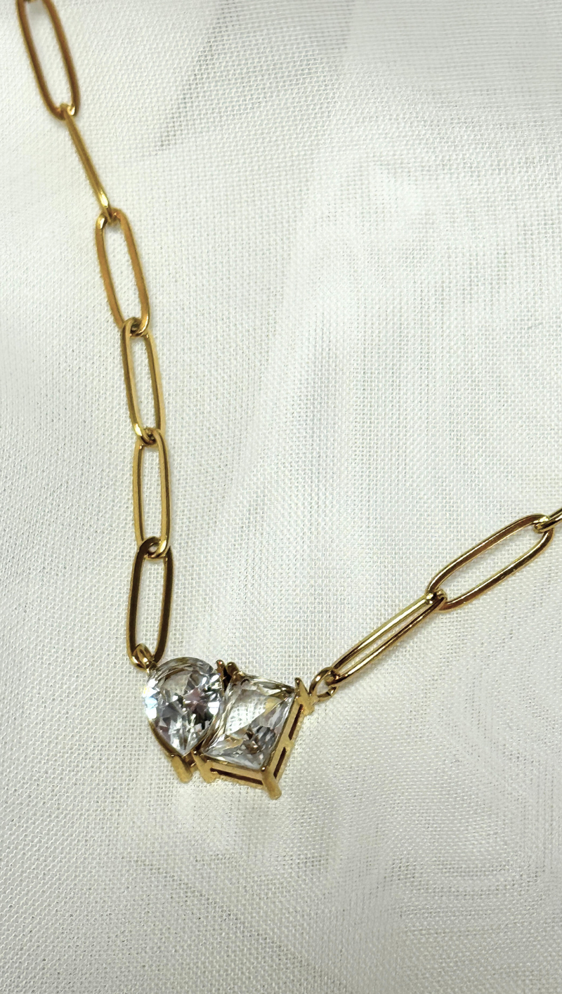 Double Stone Paperclip Necklace -18K Gold