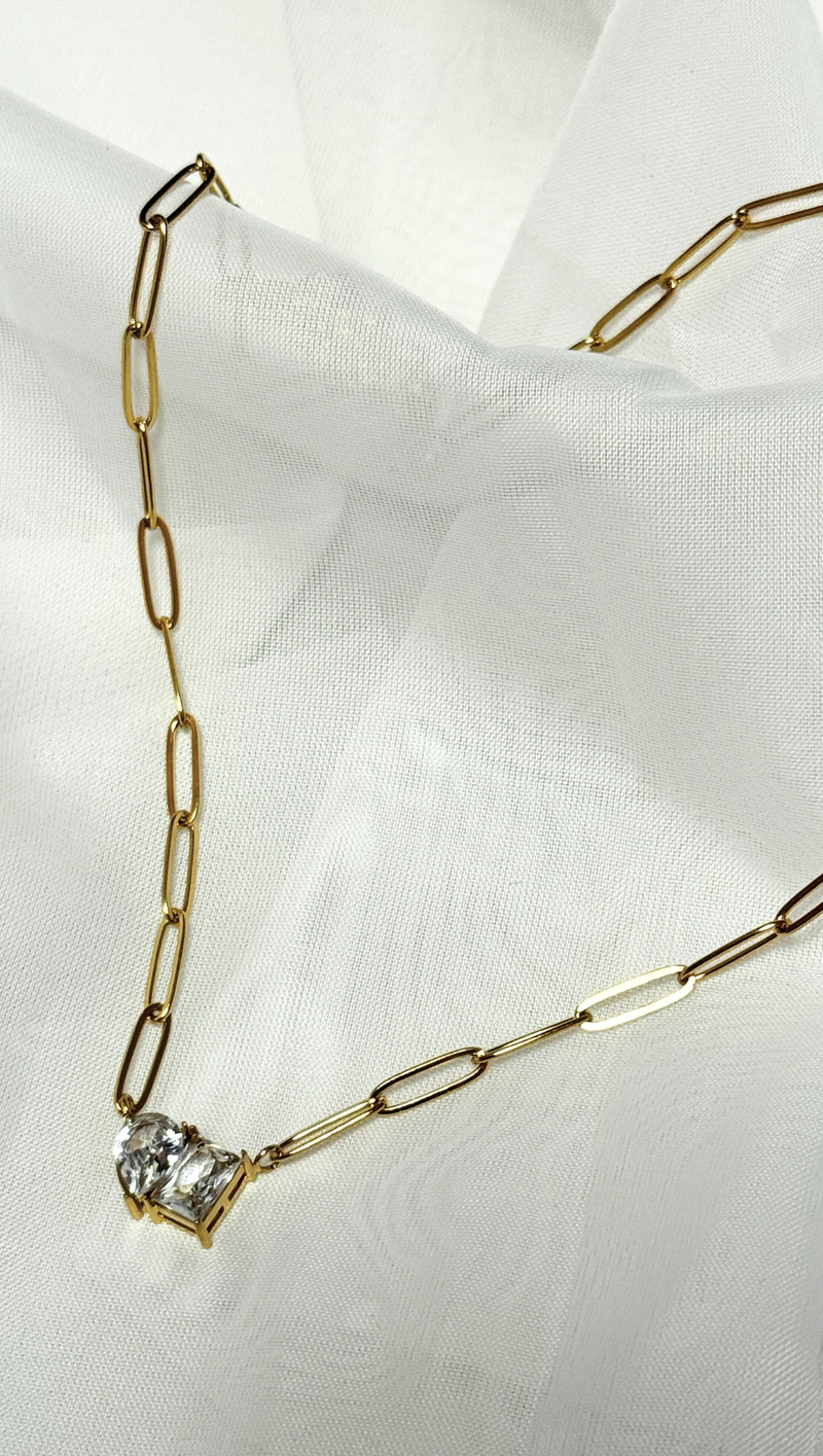 Double Stone Paperclip Necklace -18K Gold