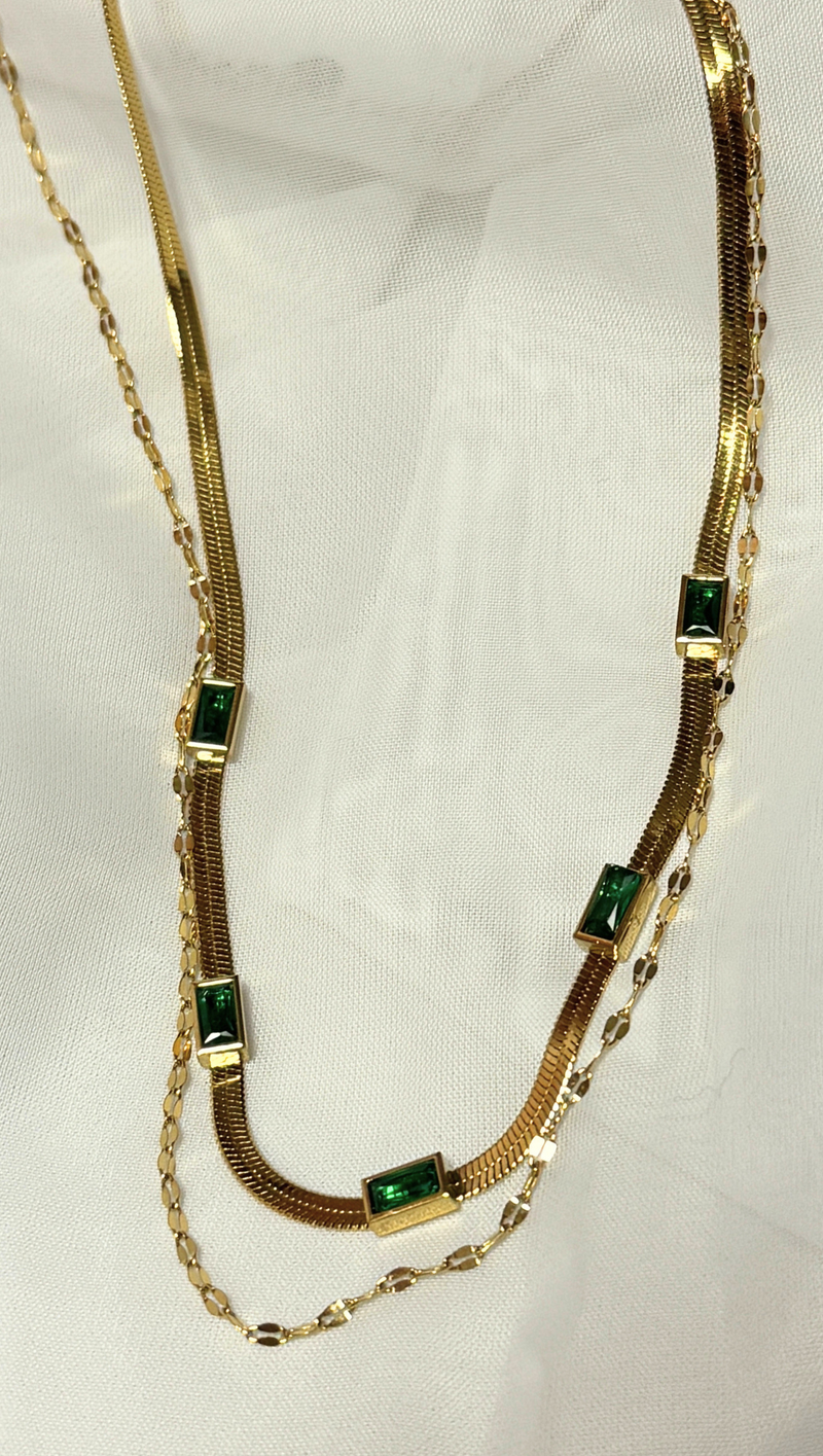 Double Layer Emerald Stone Necklace - 18K Gold