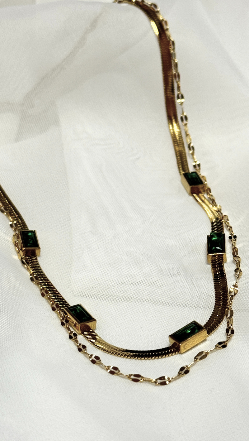 Double Layer Emerald Stone Necklace - 18K Gold