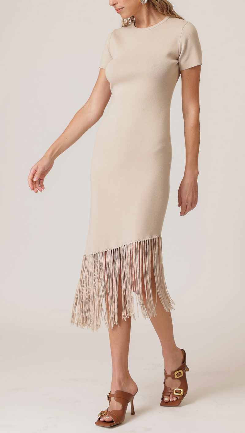 Chrysta Asymmetrical Fringe Dress - Birch