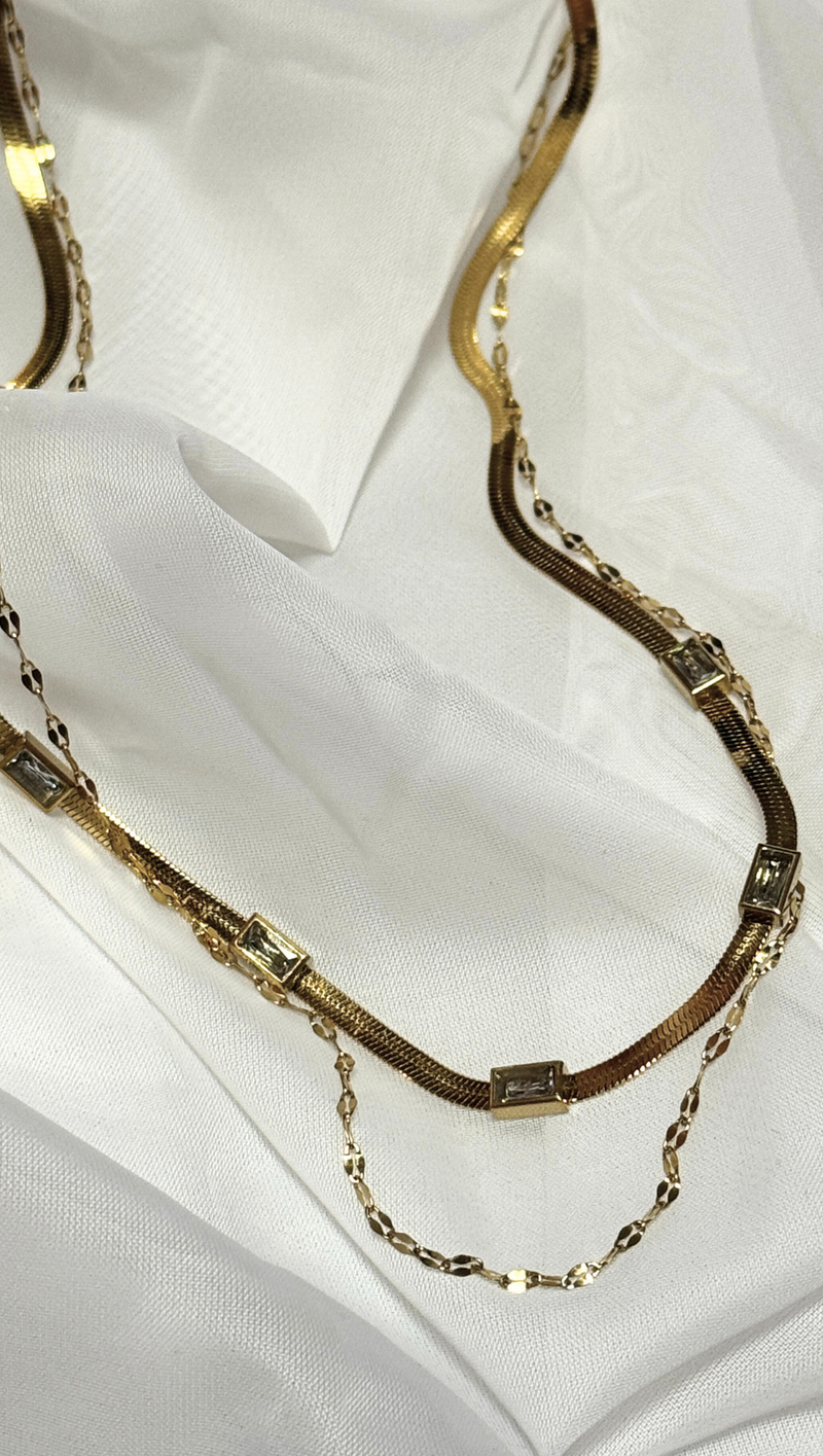 Double Layer CZ Stone Necklace - 18k Gold