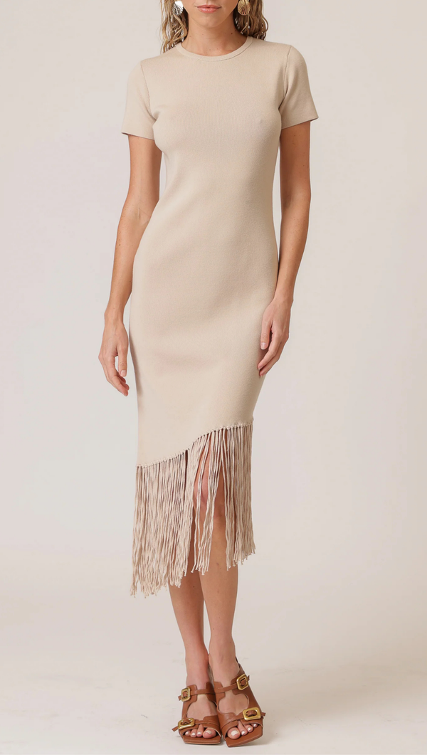 Chrysta Asymmetrical Fringe Dress - Birch