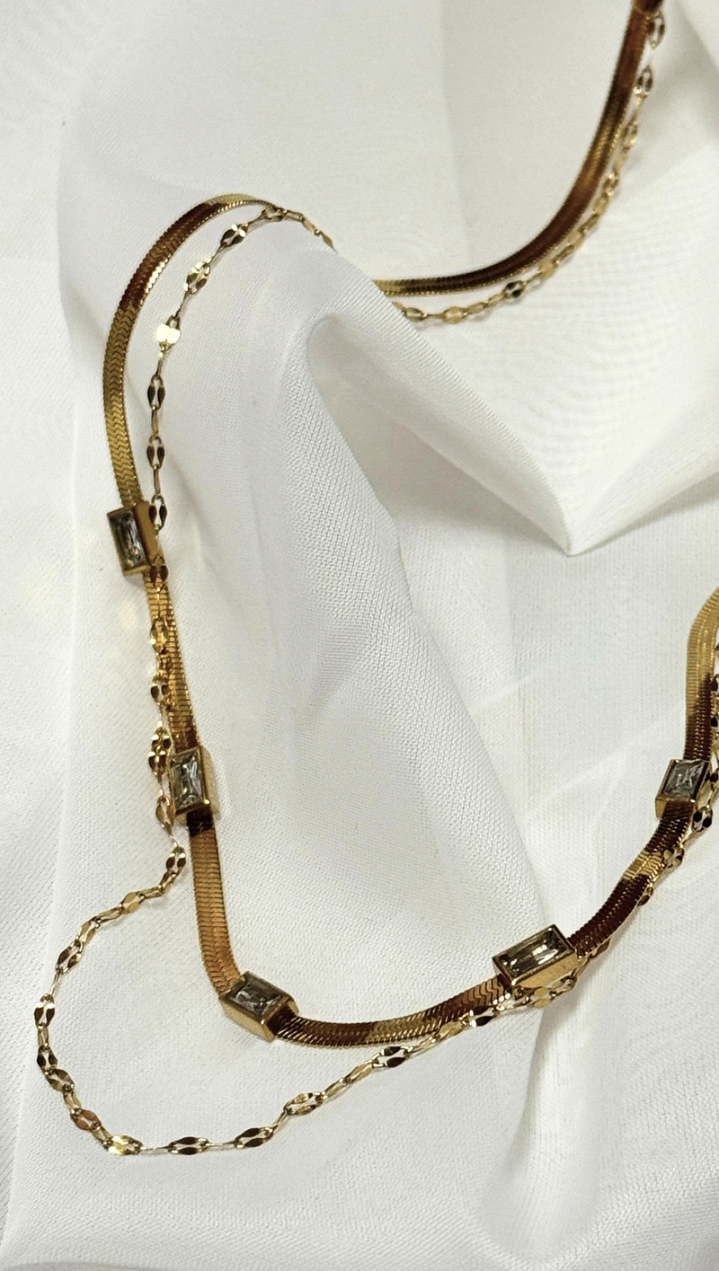 Double Layer CZ Stone Necklace - 18k Gold