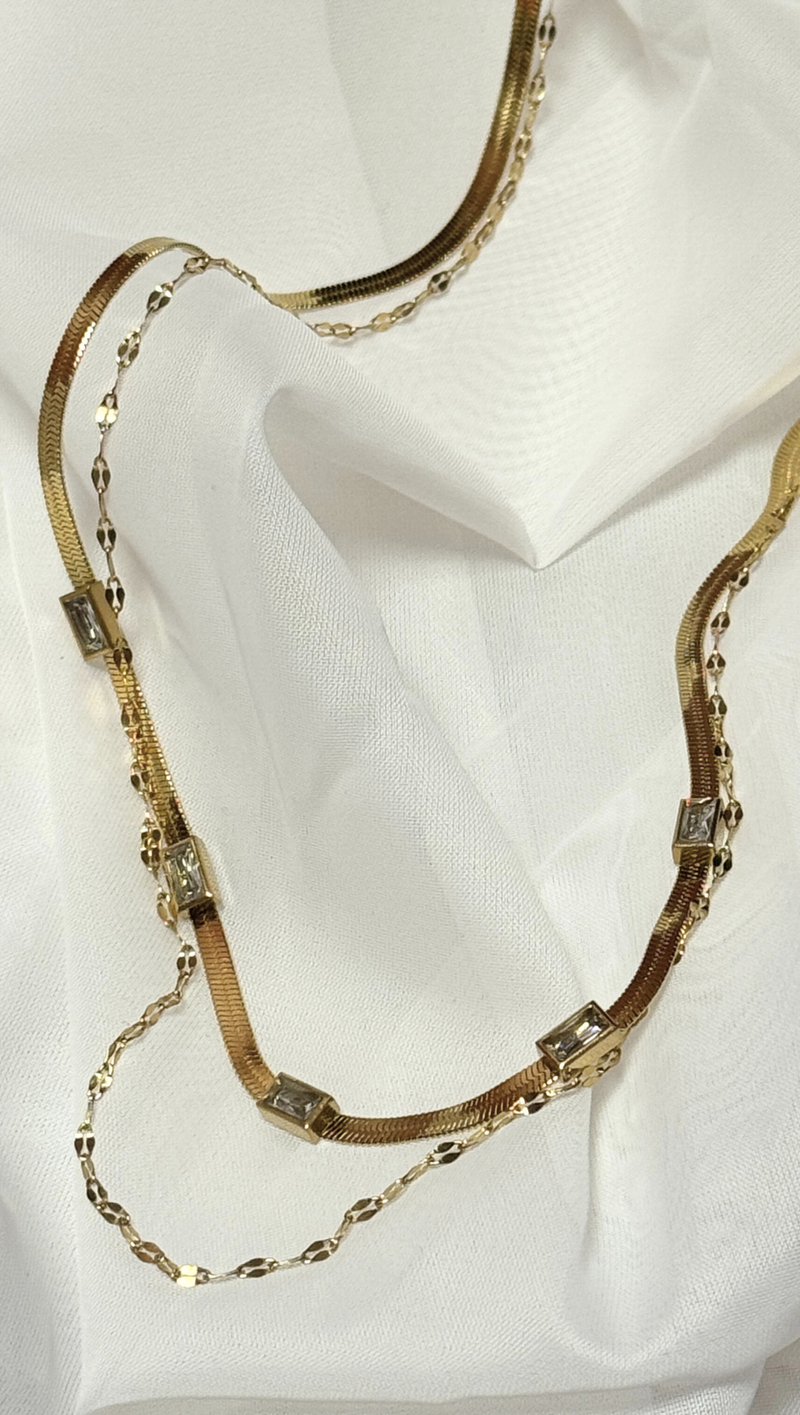 Double Layer CZ Stone Necklace - 18k Gold