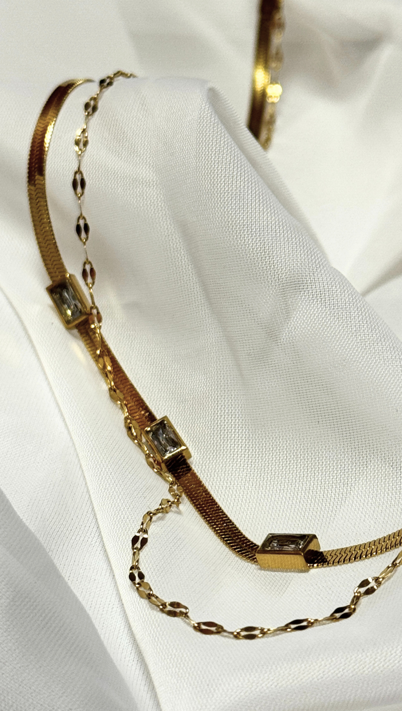 Double Layer CZ Stone Necklace - 18k Gold