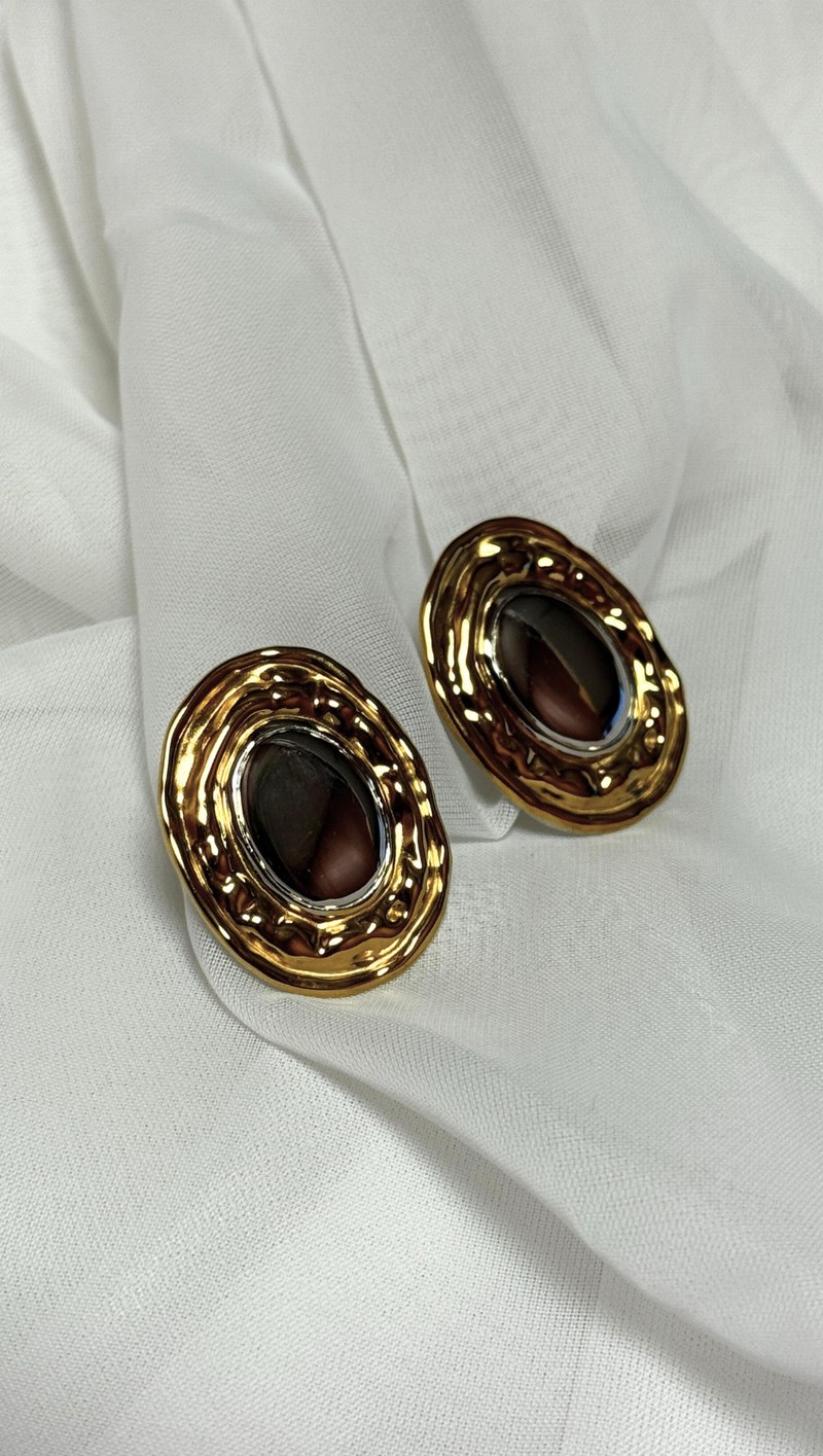 Textured Two Tone Oval Earrings - Stainless Steel