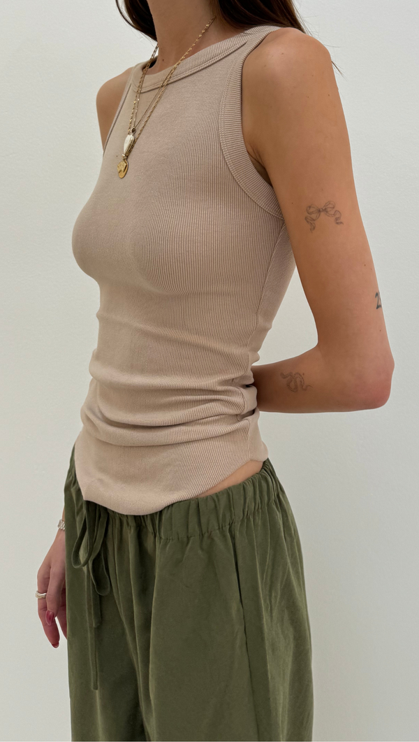 Ribbed Full Length Racer Tank - Tan