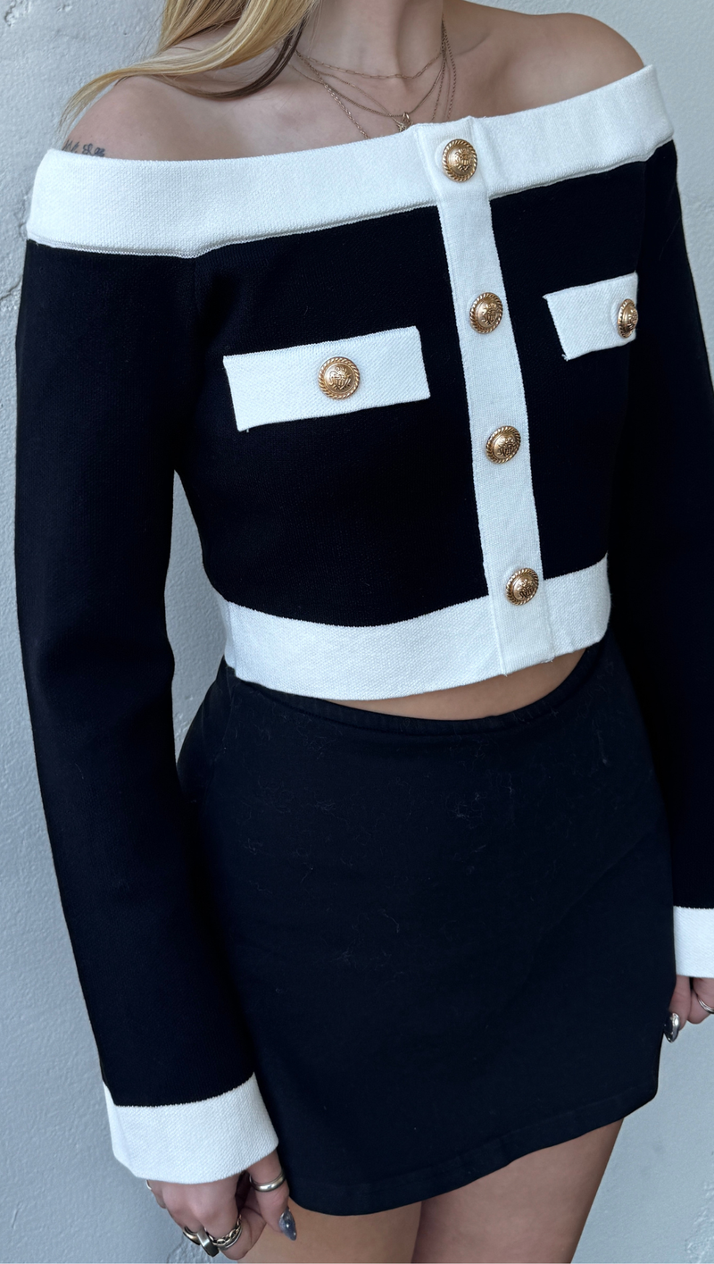 Amanda Off Shoulder Knit Top - Black/White