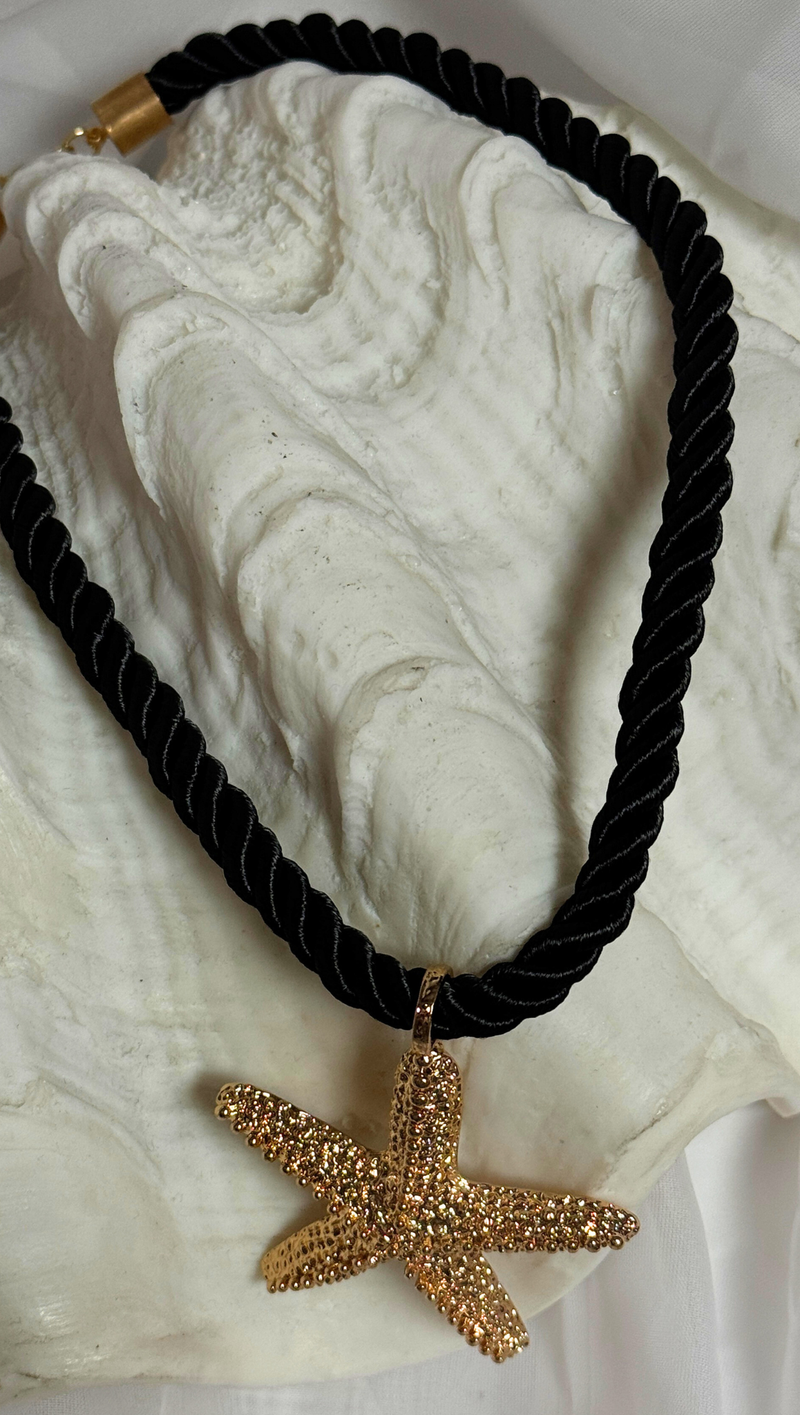 Starfish Pendant Rope Necklace - Black