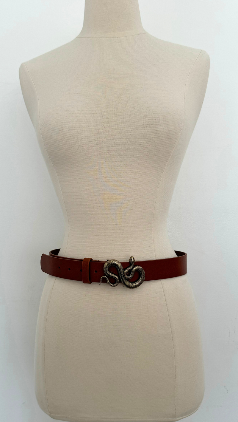 Snake Buckle Leather Belt - Tan