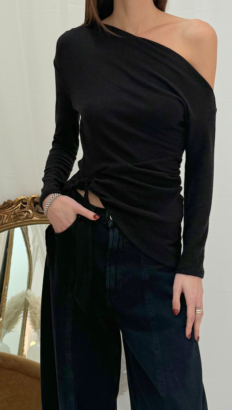 Asymmetrical Off Shoulder Tie Knit Top - Black